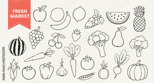 Hand Drawn Fruits and Spices Vector Set | Outline Icons of Apple, Lemon, Grapes, Strawberry, Banana, Ginger, Chili, and Garlic for Healthy Food and Organic Design.