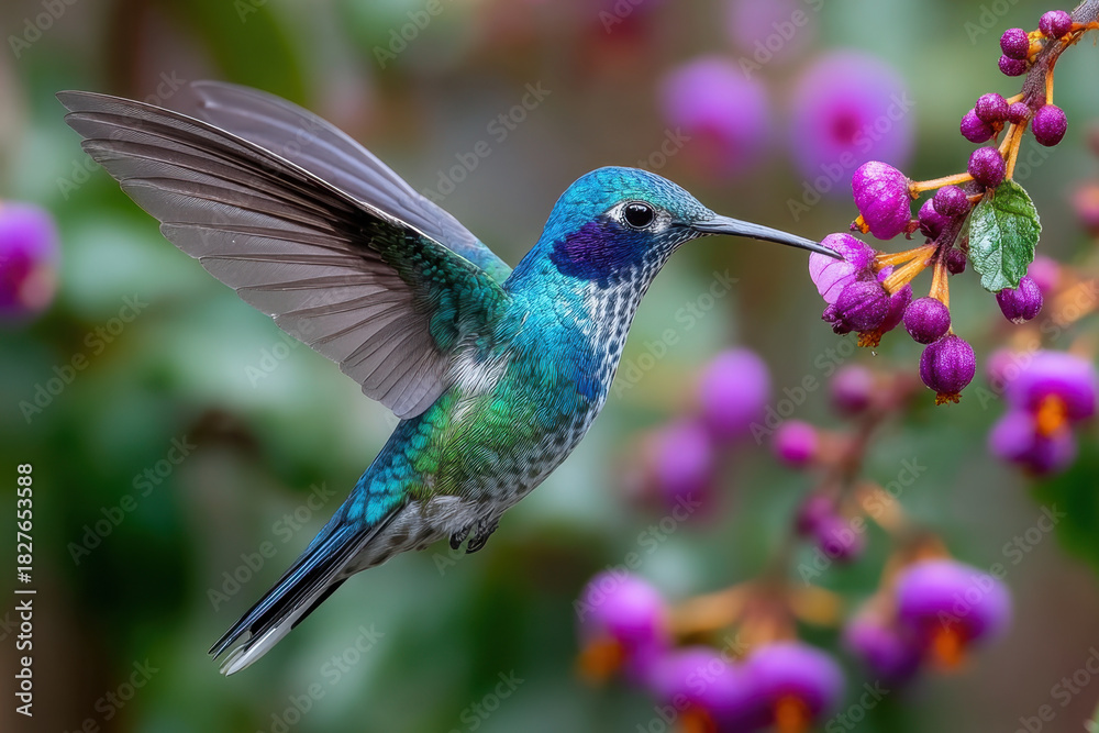 Fototapeta premium Hummingbird hovers near purple flowers in nature