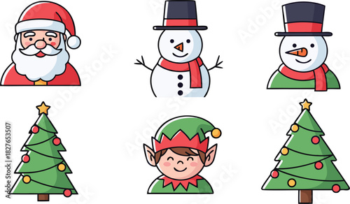 Collection of six festive Christmas icons featuring Santa Claus, a snowman, and an elf, surrounded by Christmas trees