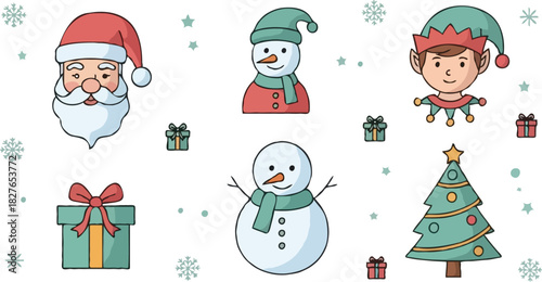 A festive collection of illustrated Christmas icons featuring Santa Claus, a snowman, an elf, a decorated tree, and gift boxes