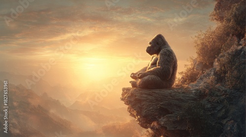 A gorilla meditates peacefully on a cliff edge, overlooking a vast, misty mountain range at sunset. Golden light bathes the scene