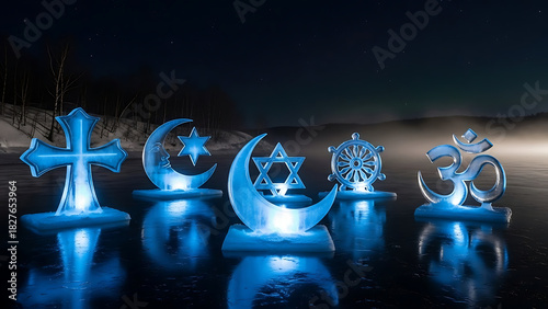 Illuminated religious symbols on ice including christianity islam judaism buddhism and hinduism