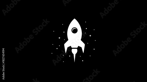 Fototapeta Naklejka Na Ścianę i Meble -  Photo White Rocket Ship Silhouette with Stars on Black Background spaceship space