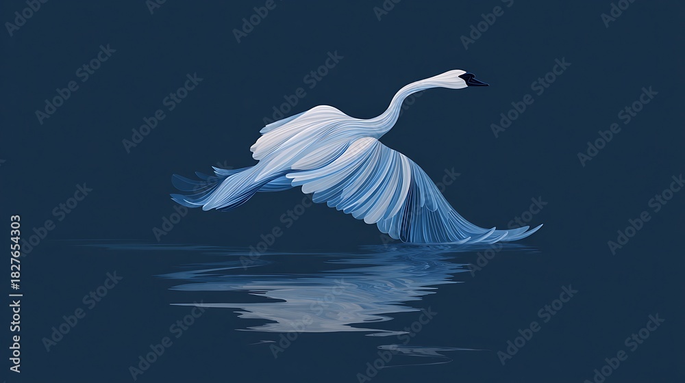 Fototapeta premium Photo White Swan Taking Flight from Water with Reflection on Dark Blue Background flying