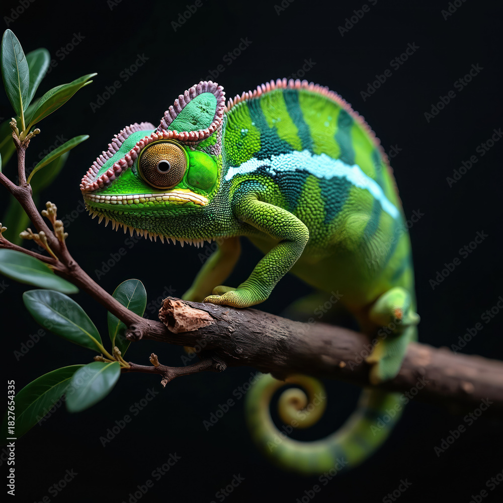 Obraz premium Exotic green chameleon sits on branch on black backdrop. Reptile camouflage adapts to surroundings. Wildlife animal with colourful scales. Close-up wild predator watches with big eyes in tropical