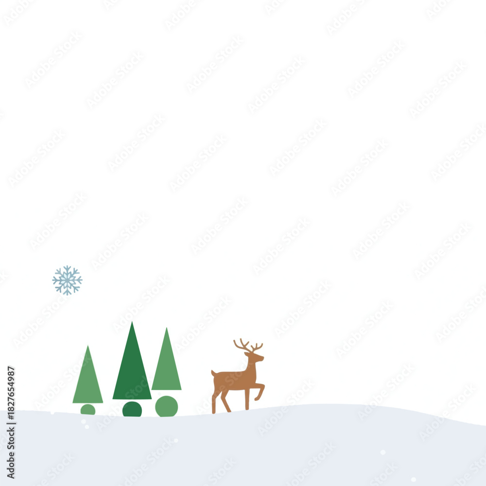 Naklejka premium Minimalist winter landscape illustration featuring a deer, pine trees, and a falling snowflake.