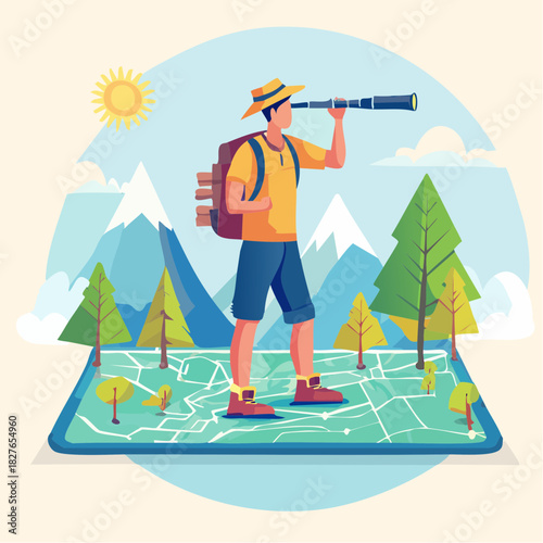 Mountain Explorer With Map Vector Illustration