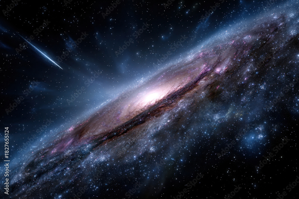 Fototapeta premium Spiral Galaxy with Shooting Star in Deep Space