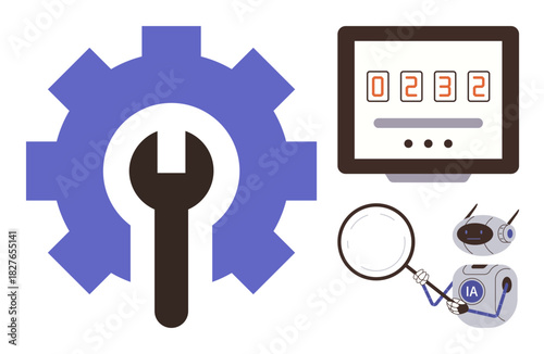 Gear and wrench symbol, monitor with numeric code, robot with magnifying glass. Ideal for automation, AI management, technical diagnostics, robotics development, data analysis, troubleshooting