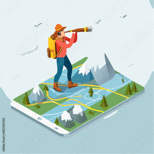 Mountaineer Standing on Raised Map Terrain Vector Illustration