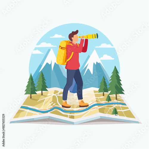 Traveler With Binoculars on Folded Map Vector Illustration