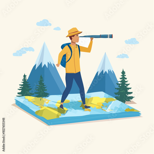 Explorer With Telescope on Map Vector Illustration