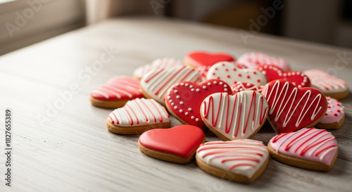 Delicious heart shaped cookies for Valentine's Day celebration, presented on bright surface. Valentine's Day composition includes vibrant cookies with red and white icing, suggesting romance.
