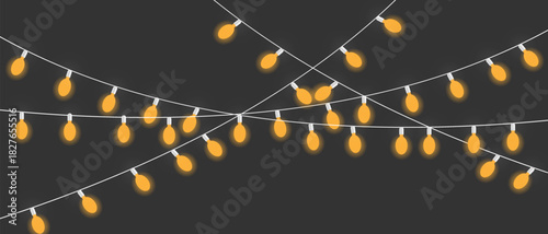 Christmas yellow lights isolated. Glowing garlands on transparent dark background. 