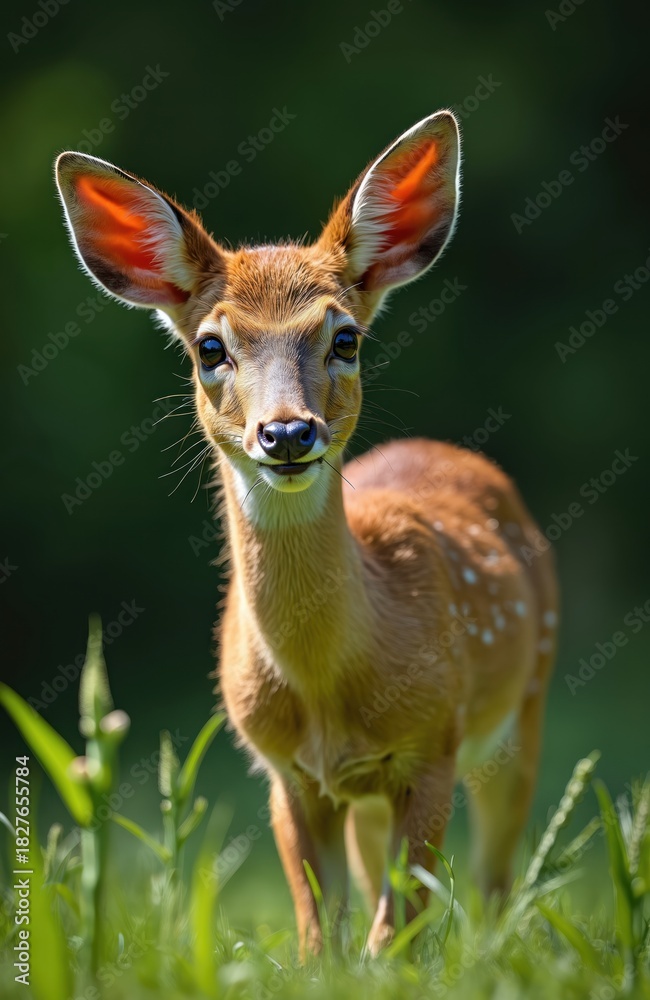 Fototapeta premium Young water deer stands alert in green grass field. Small fawn with big ears, dark eyes looks intently at camera. Wild animal lives in nature park, forest habitat during sunny day. Adorable wildlife
