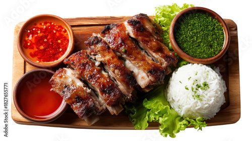 Grilled pork ribs with white rice and spicy sauces image isolated transparent. Delicious chinese spareribs on wooden platter cut out photo png. Cutout element object photography