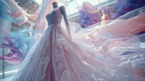 Elegant wedding dress display with dreamy pastel fabric flowing, a vision of bridal beauty and romantic elegance perfect for high-end fashion advertising