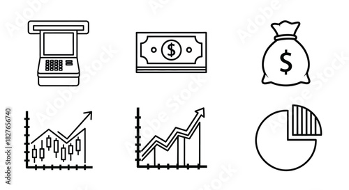 Financial icons, including ATM money bag and various charts