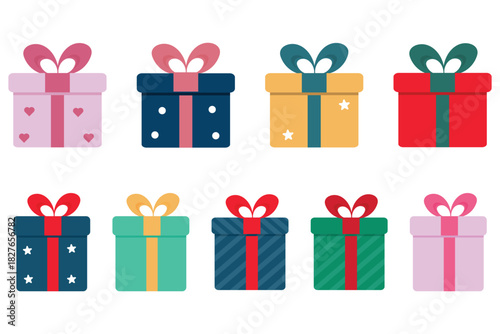 Set of Christmas and birthday vector gifts in different colors. Flat design.