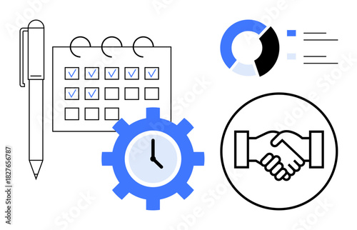 Business productivity concept. Productivity tools thumbs up calendar scheduling, handshake for collaboration, and analytics for efficiency. Productivity improves teamwork and time management. Perfect