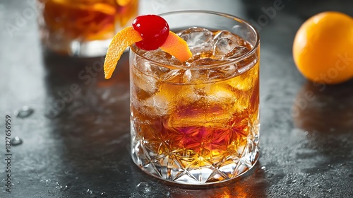 Classic old fashioned cocktail with ice, orange peel garnish, and a maraschino cherry in a crystal glass