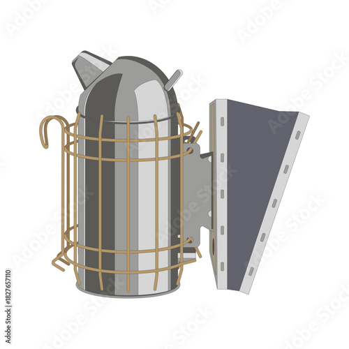 Vector illustration of a stainless steel bee smoker, isolated on a white background. Ideal for beekeeping themes and related designs.