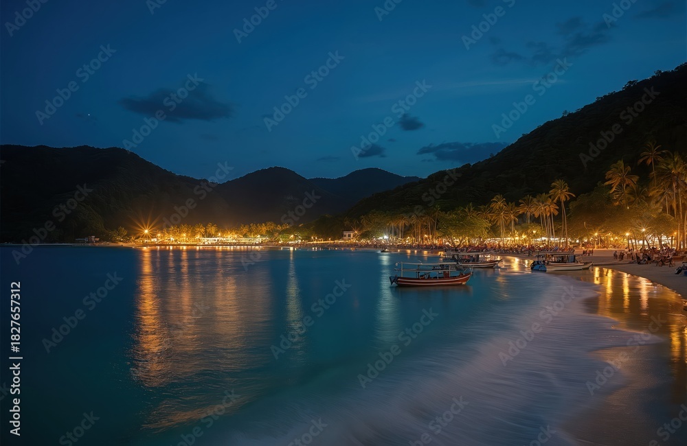 Obraz premium Tropical island beach lights up at night. People relax on sand near calm ocean water, boats. Palm trees line shore below dark hills. Warm light from resorts reflects in sea creating beautiful