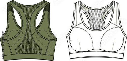 Detailed front and back sports bra vector illustration with mesh panels, stitching accents, athletic design elements, technical fashion drawing for activewear.