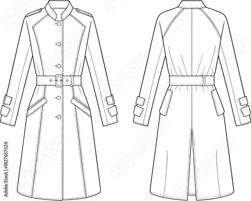 Detailed long trench coat fashion technical flat sketch with belt, pockets, button design, and professional vector garment illustration for apparel designers.