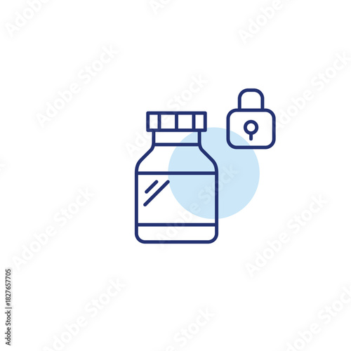 Bottle of pills and lock. Protected medication data, secure pharmacist prescriptions. Pixel perfect, editable stroke vector icon