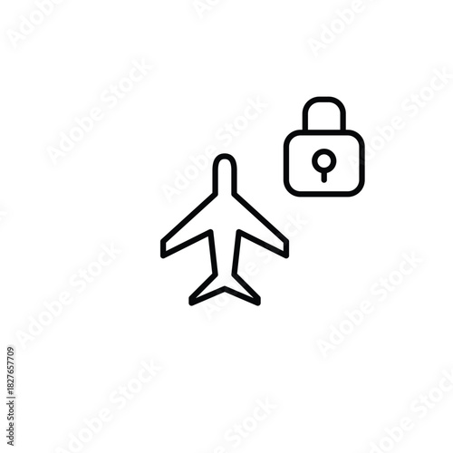 Plane and lock. Aviation safety, travel security. Pixel perfect, editable stroke vector icon