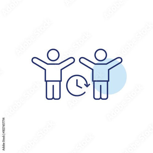 2 people with arms raised and clock. Scheduled appointment, timed consultation and success planned. Pixel perfect, editable stroke vector icon
