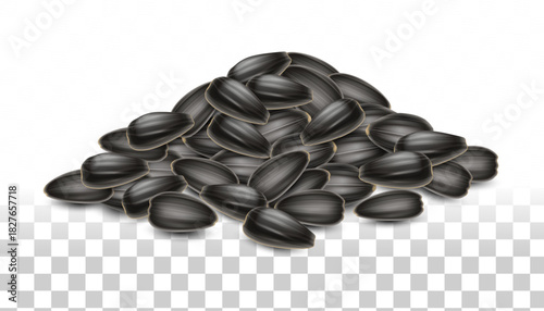 A handful of black sunflower seeds – close-up on a transparent background