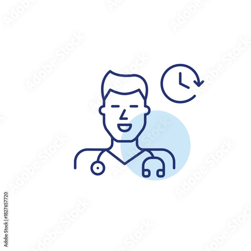 Man doctor with stethoscope and clock. Scheduled medical appointments, check-ups, or time-sensitive healthcare. Pixel perfect, editable stroke vector icon