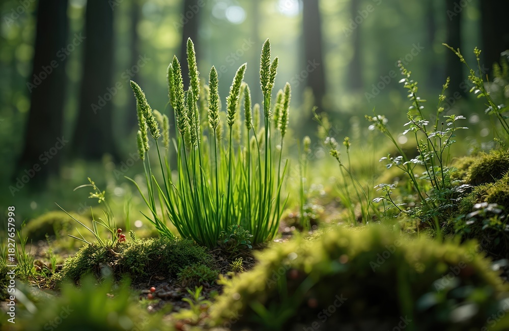 Fototapeta premium Green horsetail plants grow in forest with sun. Moss covered ground. Dark blurred trees in background. Early morning forest scene with natural landscape and vivid colors.