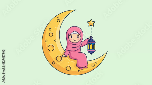 A cute cartoon Muslim girl in a pink hijab sits on a crescent moon, holding a traditional Ramadan lantern.