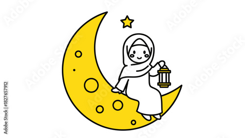 Cute cartoon Muslim girl in hijab sitting on a crescent moon holding a traditional lantern.