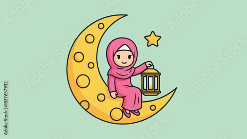 A cute cartoon Muslim girl in a pink hijab sits on a crescent moon holding a Ramadan lantern.