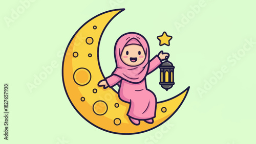 A cheerful cartoon girl in a hijab sitting on a crescent moon holding a lantern and star.
