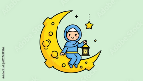 Cartoon illustration of a Muslim girl in hijab sitting on a crescent moon holding a lantern with a star.