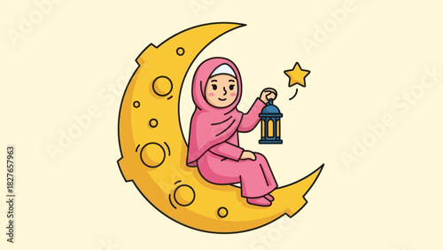 A cute cartoon Muslim girl in a pink hijab sits on a yellow crescent moon, holding a festive lantern.