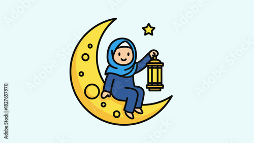 Cute cartoon girl wearing a hijab sitting on a crescent moon holding a traditional lantern.