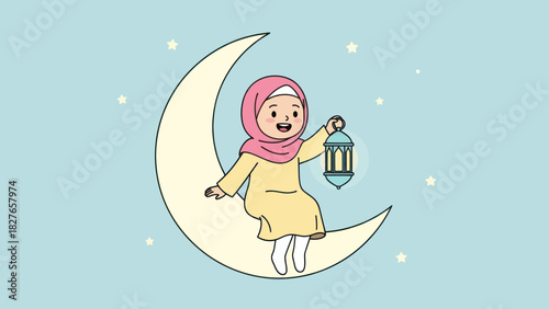 A cheerful child in a hijab sits on a crescent moon, holding a lantern under a starry sky.