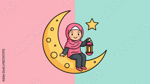 Cartoon illustration of a girl in a hijab sitting on a crescent moon, holding a lantern, with a star in the background.