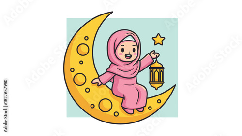 A smiling girl in a hijab sits on a crescent moon, holding a lantern.