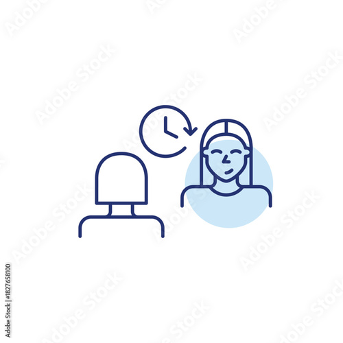 2 women talking and clock. Scheduled appointment, timed consultation and therapy session. Pixel perfect, editable stroke vector icon
