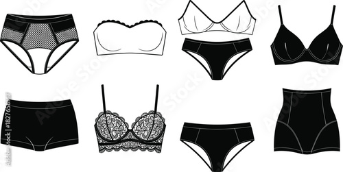 Elegant women’s lingerie vector collection featuring bras, panties, shapewear, lace details, undergarment styles, intimate apparel designs, and modern fashion illustration elements.