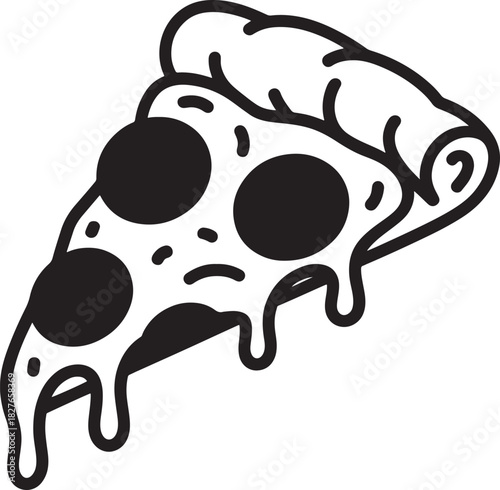 Black and white cartoon slice of pepperoni pizza with dripping cheese vector illustration