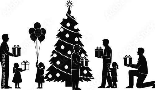 Festive family Christmas celebration silhouette scene with decorated tree, children receiving gifts, parents giving presents, holiday balloons, and joyful seasonal moments.