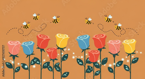 Whimsical roses and buzzing bees in a vibrant spring garden scene with glowing lights, perfect for cheerful greeting cards or springtime promotions